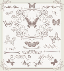 Set of vintage stylized butterflies and design elements