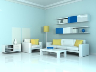 Fototapeta na wymiar Interior of the modern room, blue wall and two white sofa