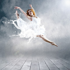 Jump of ballerina with dress of milk - obrazy, fototapety, plakaty