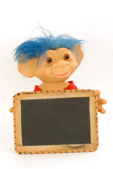 Troll child with old chalkboard blank slate for school message