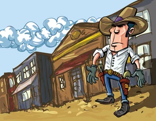 Deurstickers Wilde Westen Cartoon cowboy werpt een schaduw