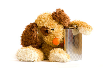 Drunken dog with a bottle of alcohol