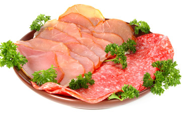 Slices of bacon on white background