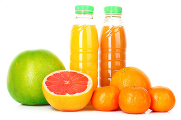 Orange juice and  citrus fruits  isolated on white