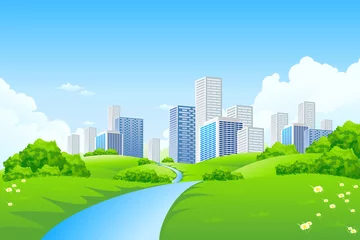 Deurstickers Green landscape with city © nVadym
