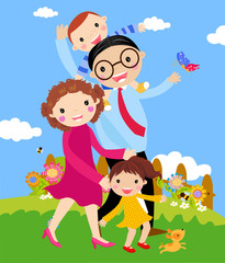 Obraz na płótnie Canvas Vector cartoon of happy family walking outdoors with dog.