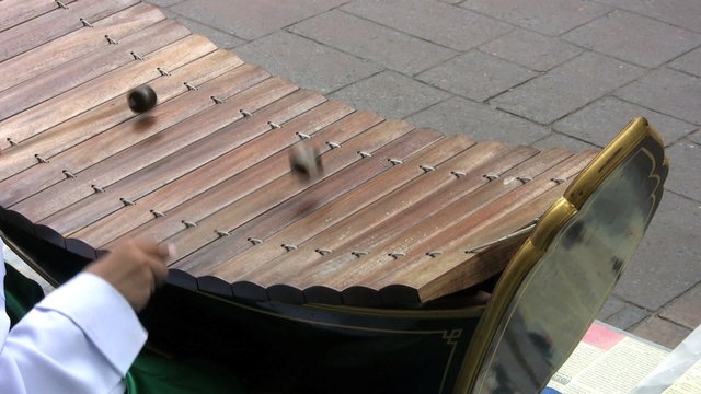 Asian Boy Playing A Wooden Xylophone