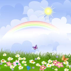 Photo sur Plexiglas Papillon Paysage floral avec arc-en-ciel
