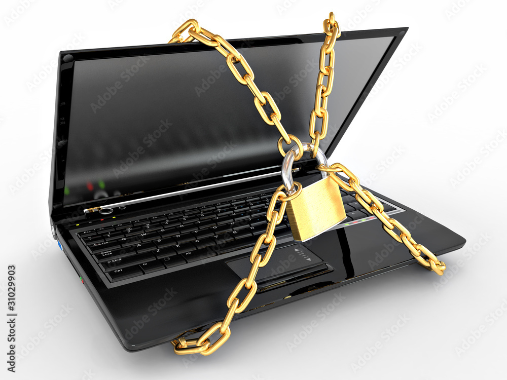 Aufkleber laptop with chains and lock on white isolated background