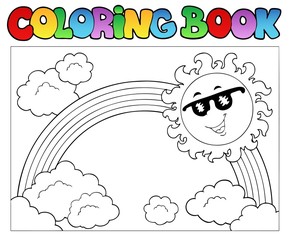 Coloring book with Sun and rainbow