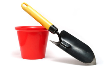 Garden Trowel and Red Flower Pot
