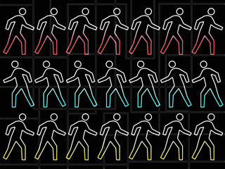 running figures rows with colored legs against graphic lines