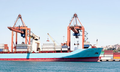 Naklejka premium Seaport with ship to shore gantries