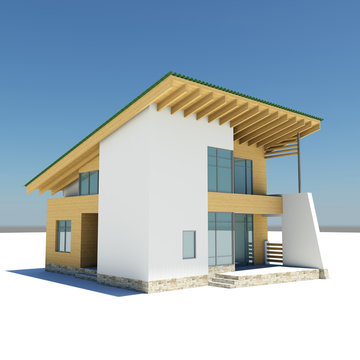 house with a green roof is on a white ground