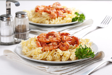 Pasta with tomato and shrimps