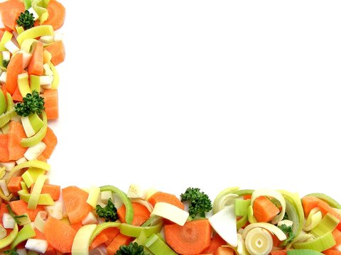 Fresh chopped vegetables on white background & copy space