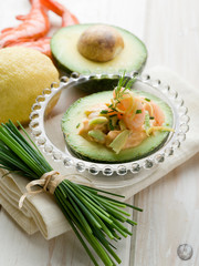 shrimp cocktail over open avocado