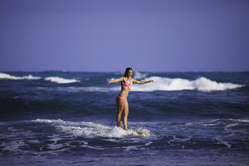 teenage girl in pink bikini surfing in hawaii