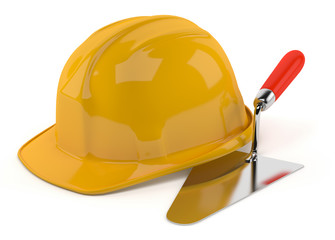 Casque de chantier et truelle sur fond blanc 1