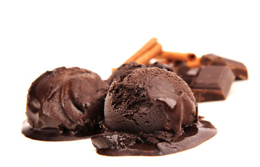 Chocolate ice cream scoops isolated on white