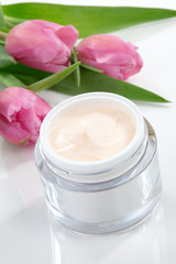 Face cream and tulips