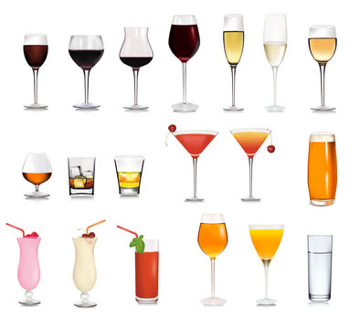 Set of different drinks and cocktails. Vector illustration.