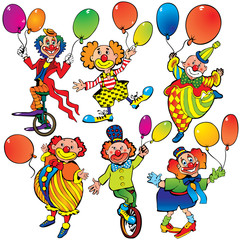 Funny clowns with balloons on a white background.