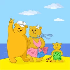 Wandcirkels plexiglas Teddyberenfamilie op een strand © oksanaok