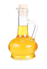 Small decanter with sunflower oil isolated on the white