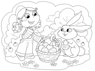 Bambina e coniglio di Pasqua con uova, illustrazione da colorare