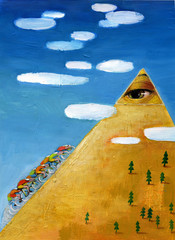 Naklejka premium Cyclists tend toward a destination represented by the eye of god allegory of spirituality of sport
