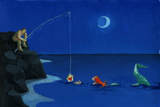  siren is seduced by night fisherman surreal illustration