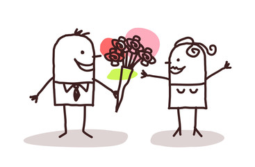 man offering flowers to a woman