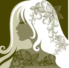 Papier Peint photo Femme fleurs Vector closeup portrait de femme avec fleur dans les cheveux longs