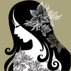 Papier Peint photo Lavable Femme fleurs Vector closeup portrait de femme avec fleur dans les cheveux longs