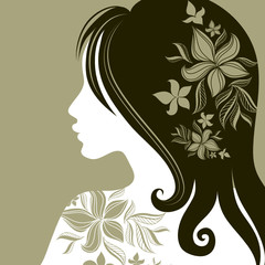 Vector closeup portrait de femme avec fleur dans les cheveux longs