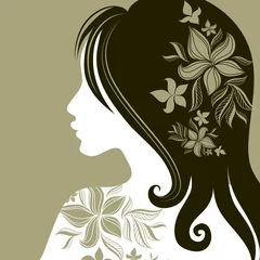 Photo sur Plexiglas Femme fleurs Vector closeup portrait de femme avec fleur dans les cheveux longs