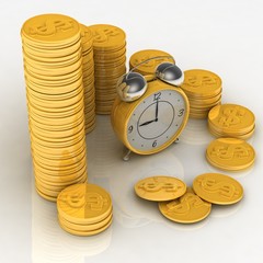 Time is money concept with clock and coins