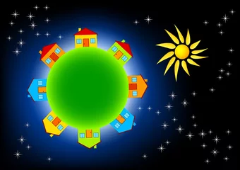 Stickers meubles Cosmos Terre verte avec des maisons colorées dans l& 39 univers