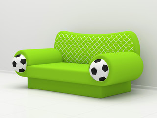 Green sofa with football symbolics