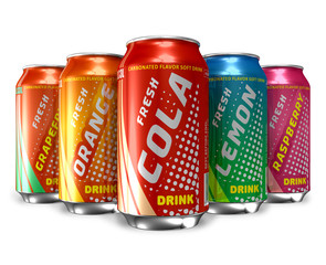 Set of refreshing soda drinks in metal cans - obrazy, fototapety, plakaty