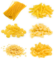 Collection of italian pasta on white