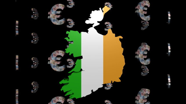 euro symbols rotating round Ireland map flag animation