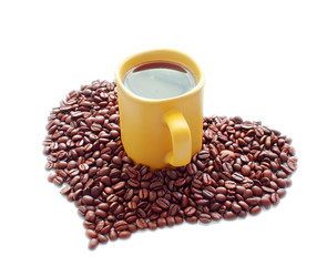 ceramic mug and a heart of coffee beans