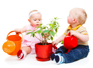 Kids with watering pots