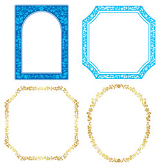 set of vector blue and golden frames with plants