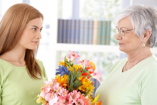 Young woman greeting mother at mother's day