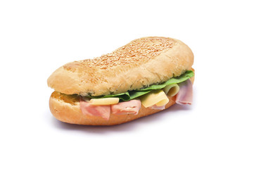 Baguette with sausage isolated on white background