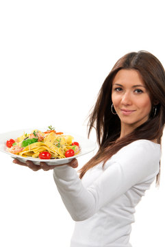Woman hold diet Italian Shrimp spaghetti pappardelli pasta