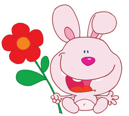 Happy bunny holds flower